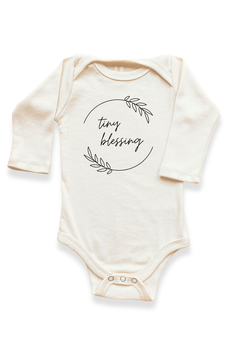 Tenth & Pine Tiny Blessing - Organic Long Sleeve Baby Bodysuit, Main, color, Natural Black Lettering