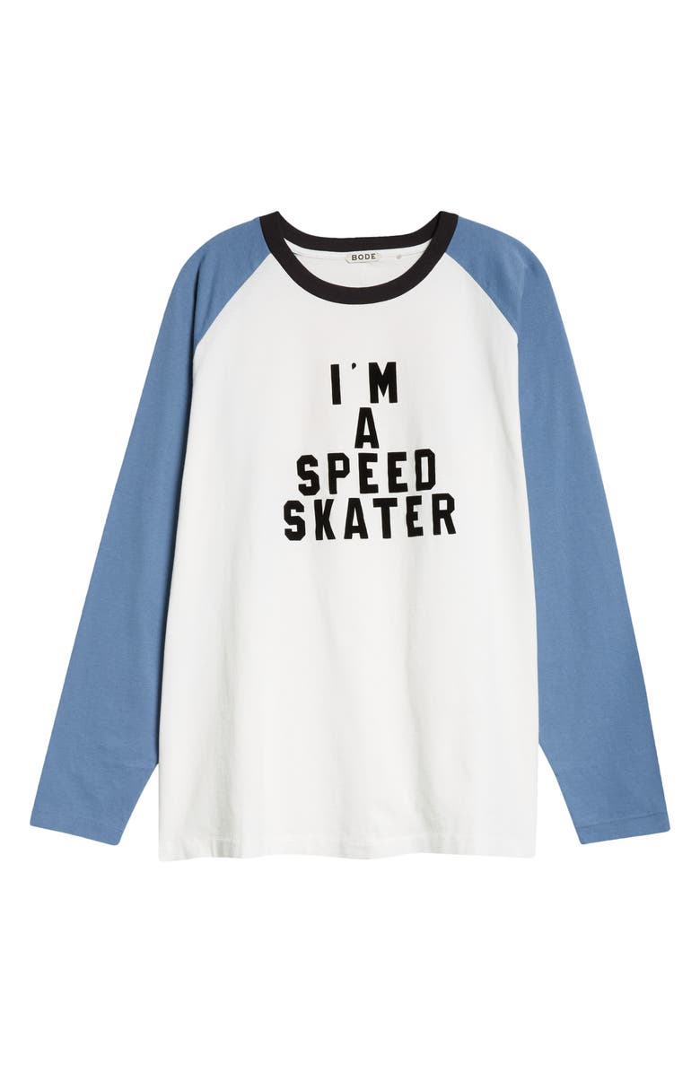 Bode Skater Flocked Baseball T-Shirt, Alternate, color, Blue/ Cream