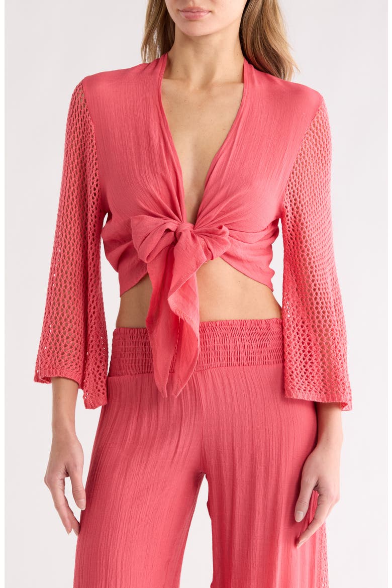 Open Stitch Accent Tie Front Cover-Up Top, Main, color, CORAL