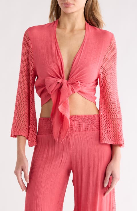 Open Stitch Accent Tie Front Cover-Up Top
