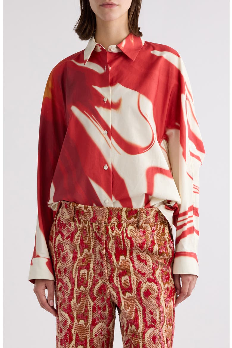 Casio Print Oversize Cotton Poplin Button-Up Shirt, Main, color, RED