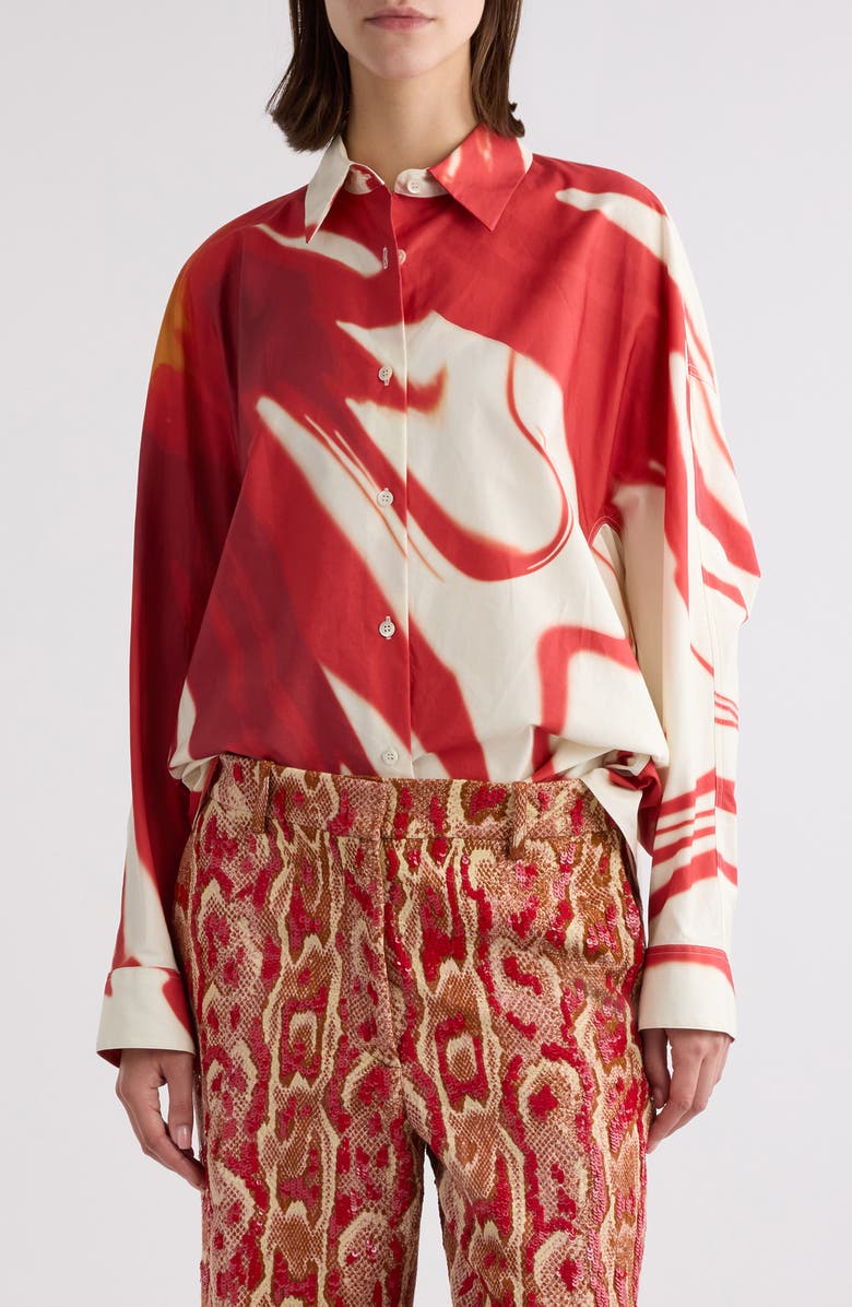 Dries Van Noten Casio Print Oversize Cotton Poplin Button-Up Shirt, Main, color, Red