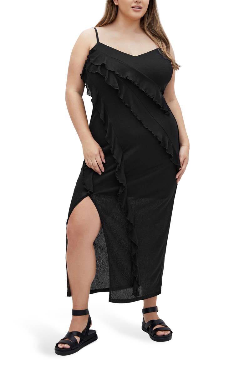Shelby Ruffle Maxi Slipdress, Main, color, BLACK