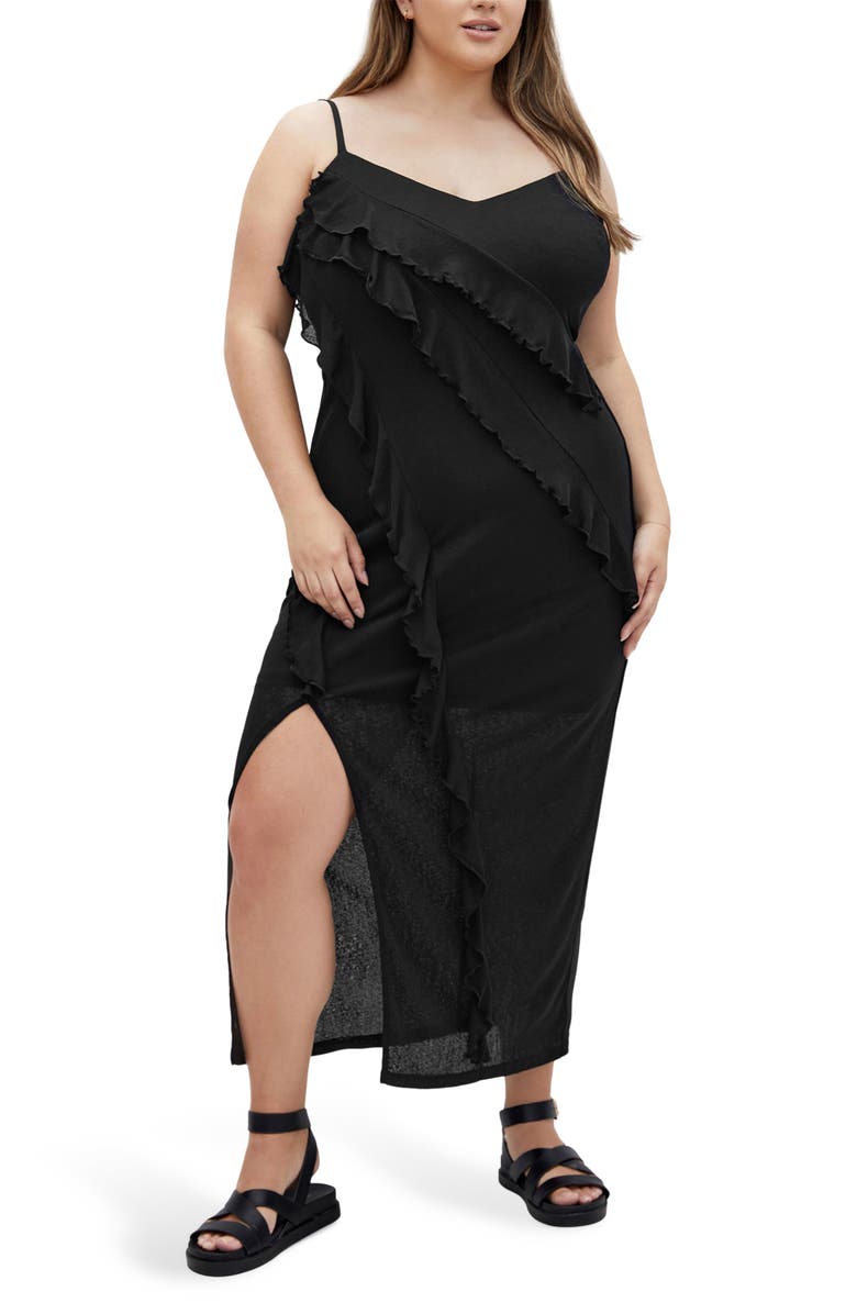 City Chic Shelby Ruffle Maxi Slipdress, Main, color, Black