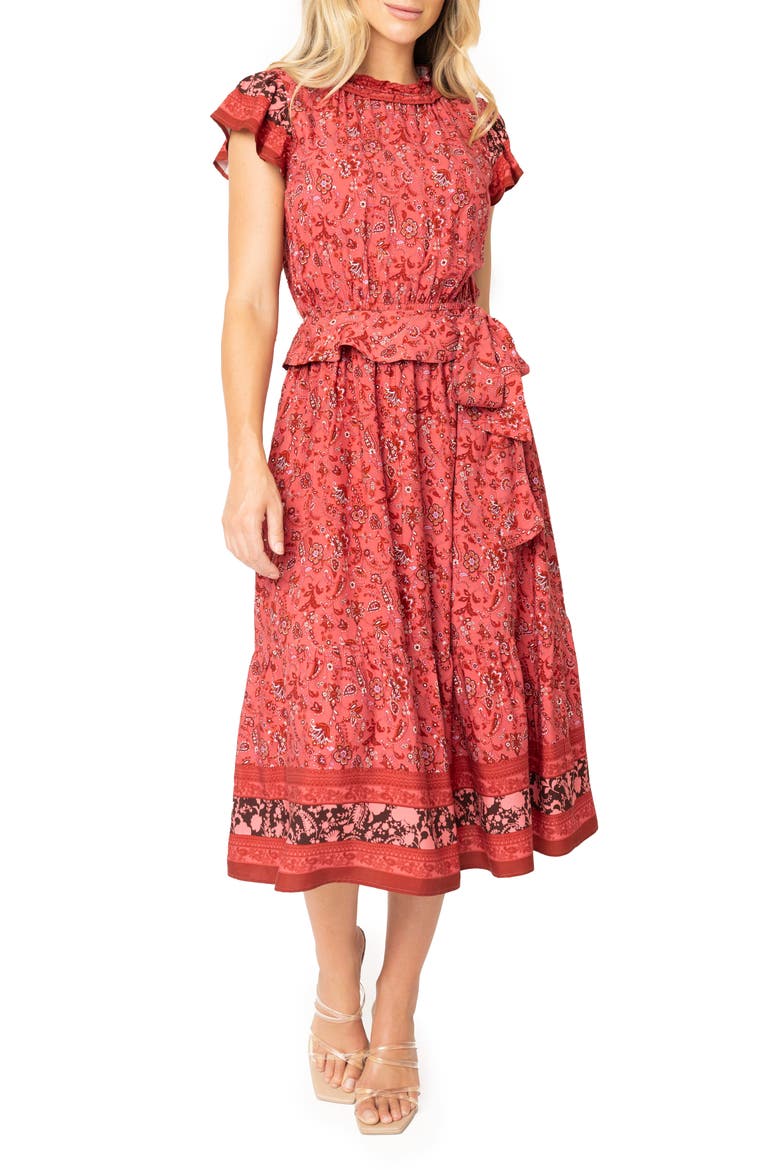 Harvest Moon Floral Paisley Side Bow Midi Dress, Main, color, BRGNDY SPICE PRT