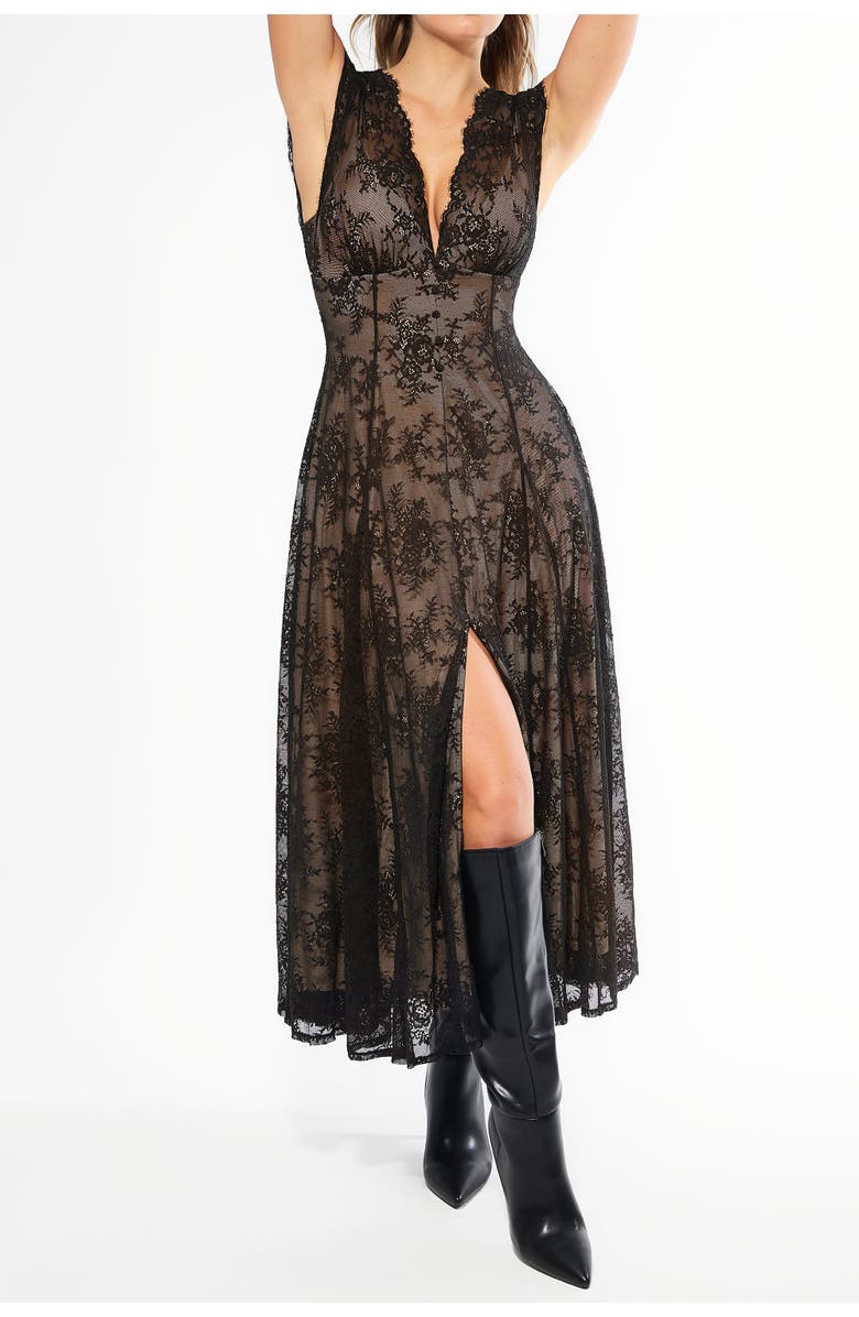 Popilush Shapewear Boho Floral Lace Front Slit Maxi Dress, Alternate, color, Black