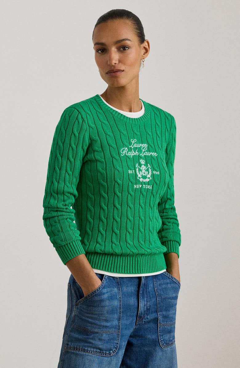 Lauren Ralph Lauren Embroidered Cable Knit Sweater, Alternate, color, Green