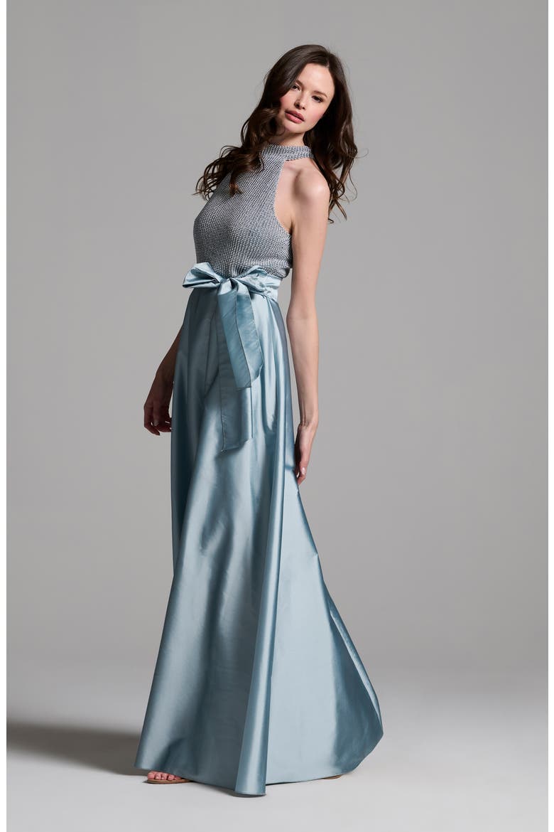 Beaded Mock Neck Sleeveless Taffeta Gown, Alternate, color, LIGHT BLUE