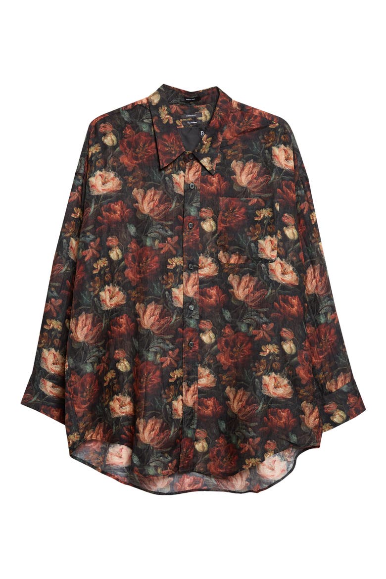 Oversize Drop Neck Floral Wool & Silk Blend Button-Up Shirt, Main, color, RED BLACK LARGE FLORAL