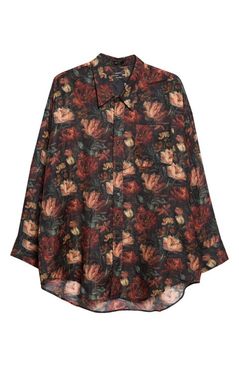 Oversize Drop Neck Floral Wool & Silk Blend Button-Up Shirt