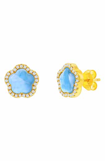Larimar & Cubic Zirconia Halo Flower Stud Earrings