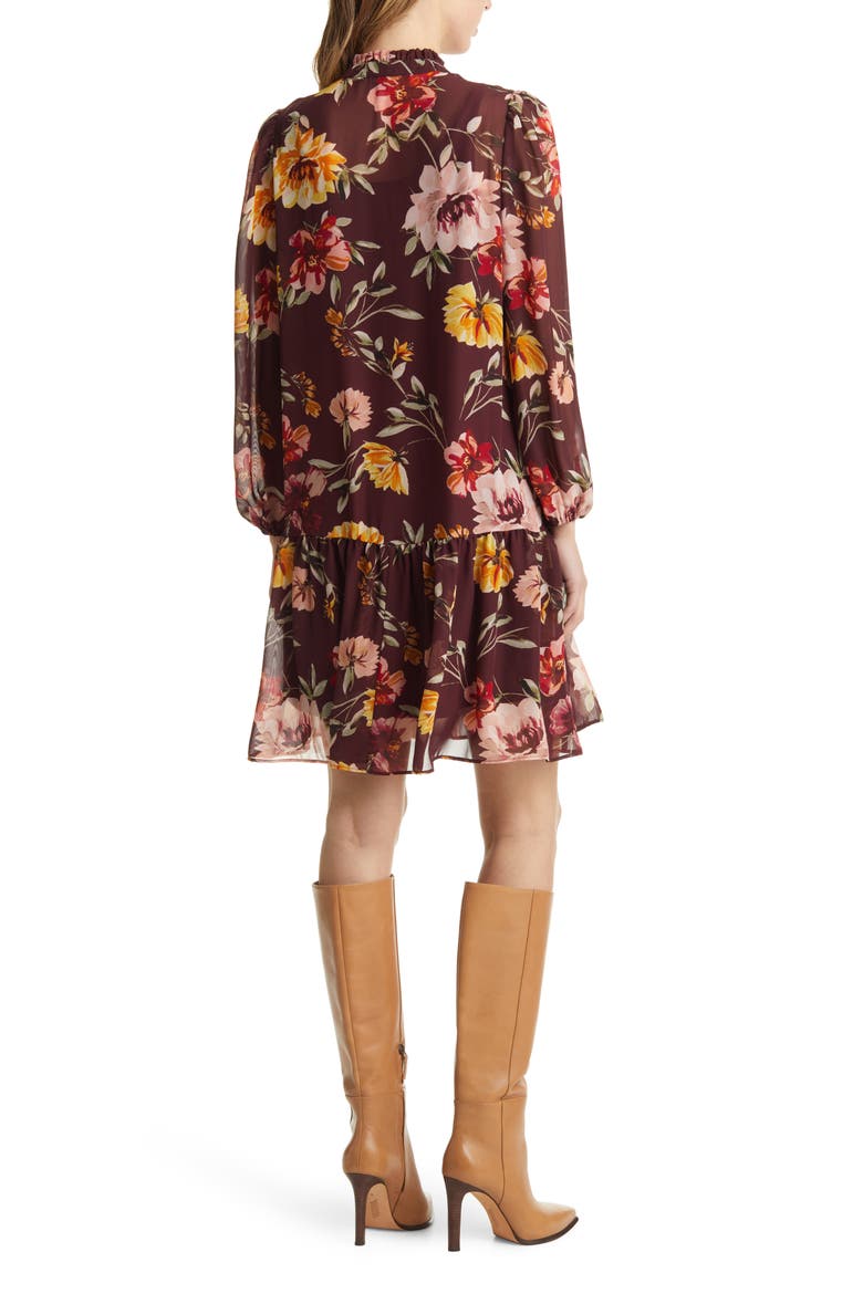 Floral Pleated Long Sleeve Dress, Alternate, color, BROWN MULTI