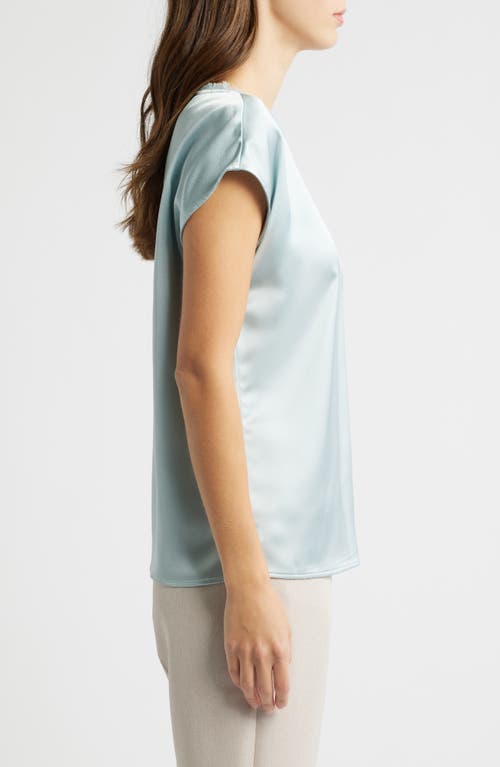 Tahari Asl Fringe Neck Satin Top In Dusty Aqua