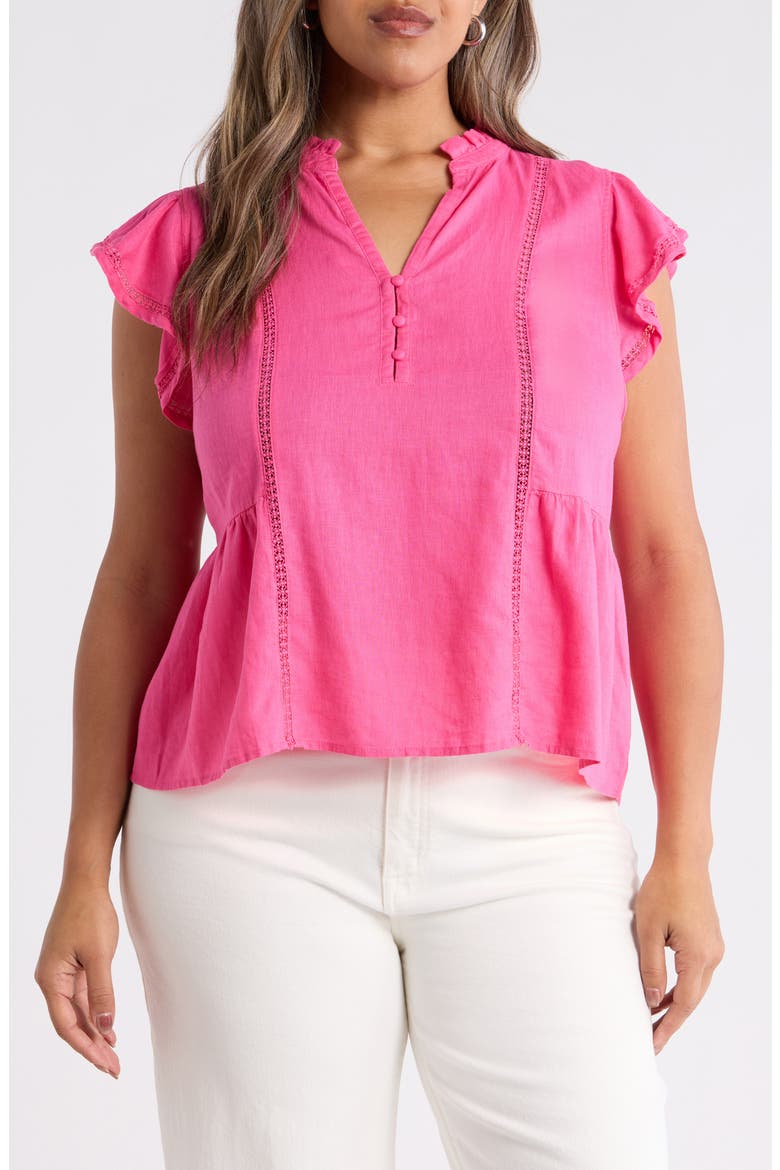 Lace Ruffle Linen Blend Top, Main, color, PINK SHOCK