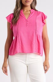Caslon® Lace Ruffle Linen Blend Top