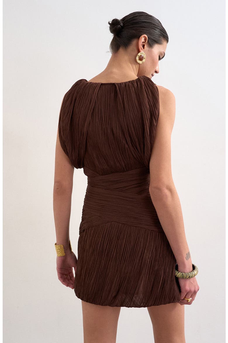 Drape Shoulders Pleated Minidress, Alternate, color, BROWN