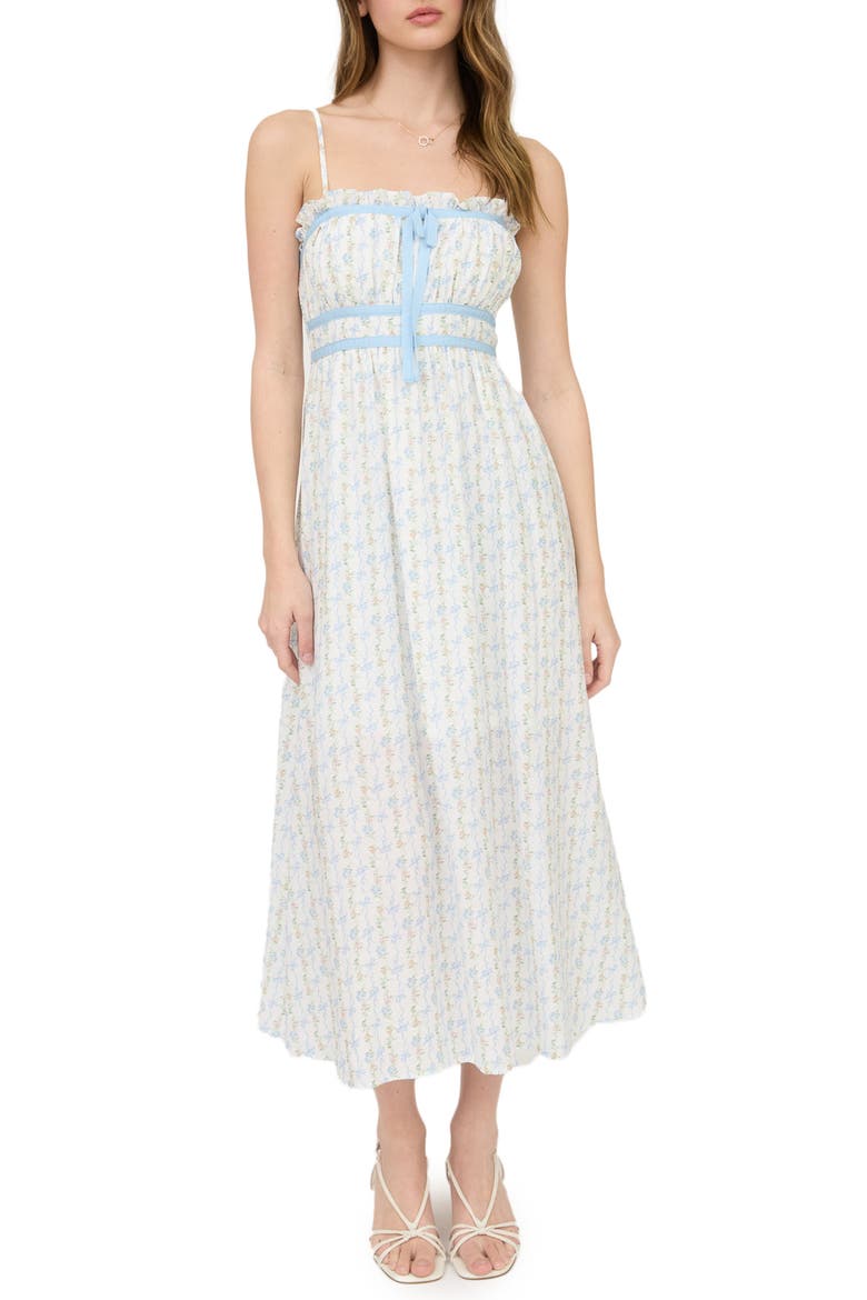 Bow and Flower Stripe Midi Dress, Main, color, BLUE MULTI