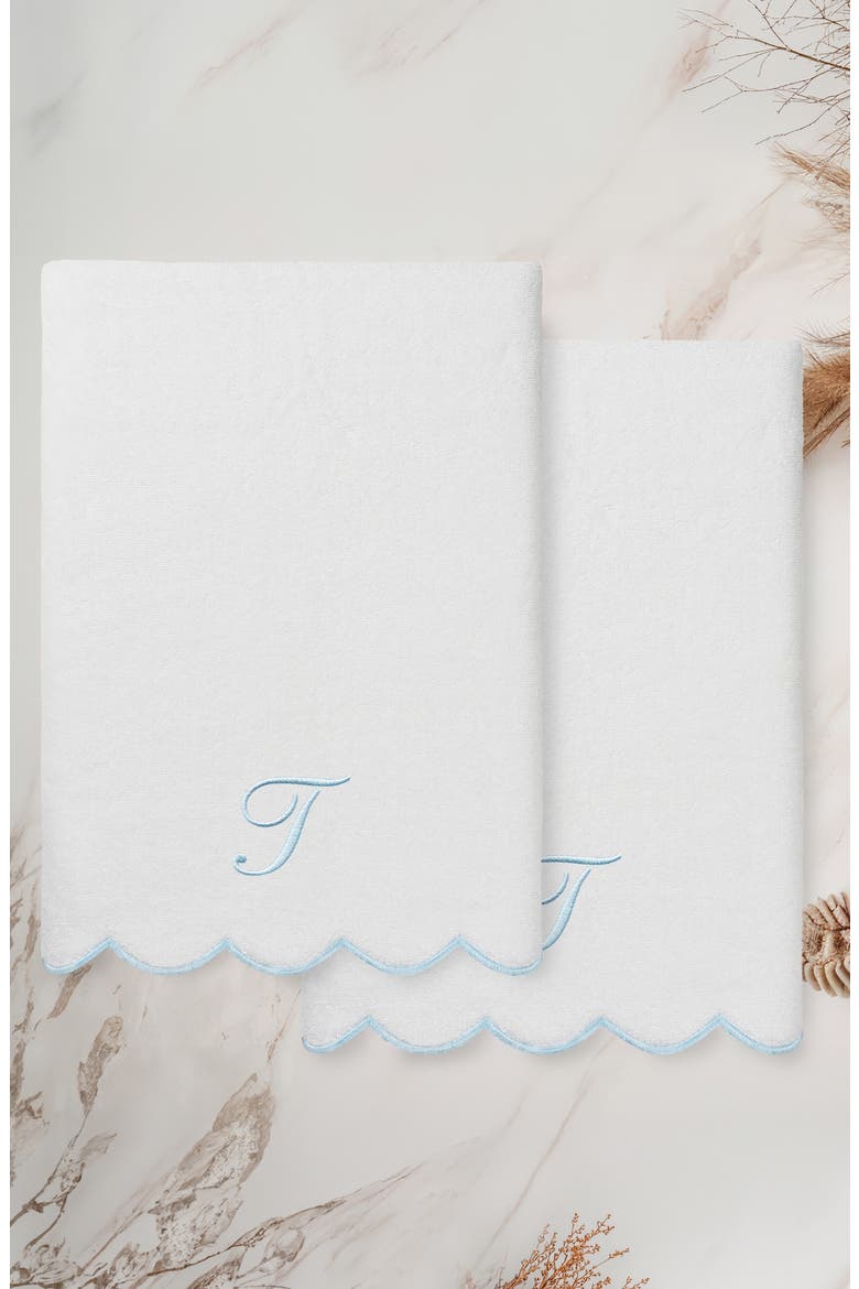 Adornia Scallop Initial 2-Piece Bath Towel Set, Alternate, color, WHITE/ BLUE T
