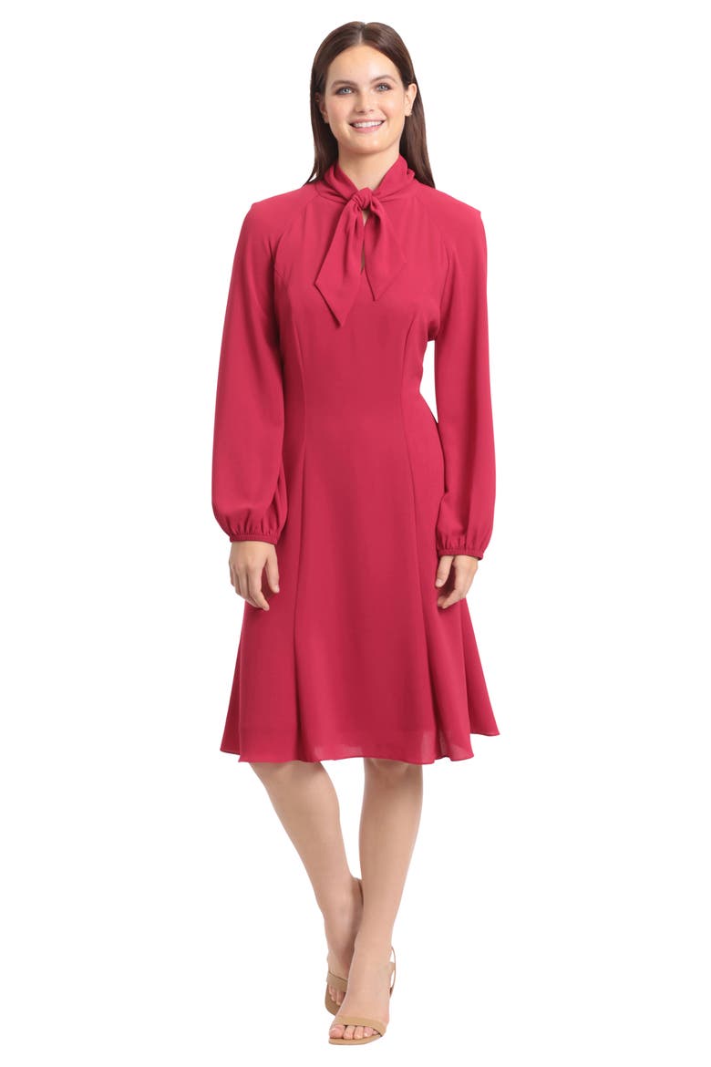 Tie Neck Long Sleeve Fit & Flare Dress, Alternate, color, PERSIAN RED