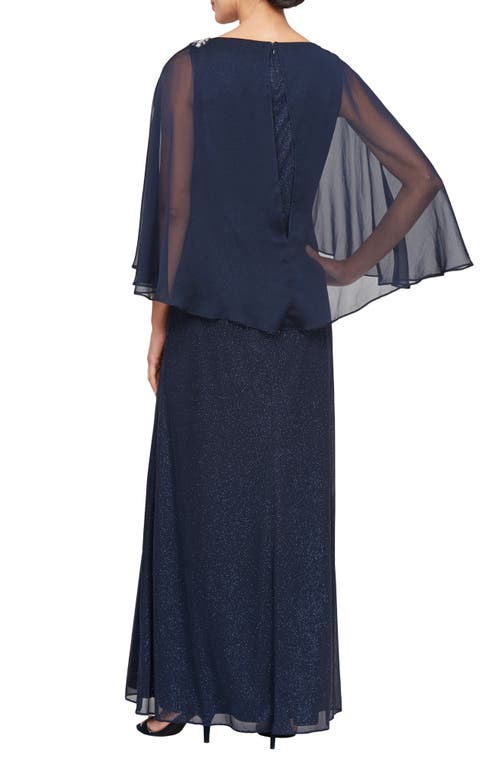 Shop Sl Fashions Tulip Capelet Shimmer Gown In Navy