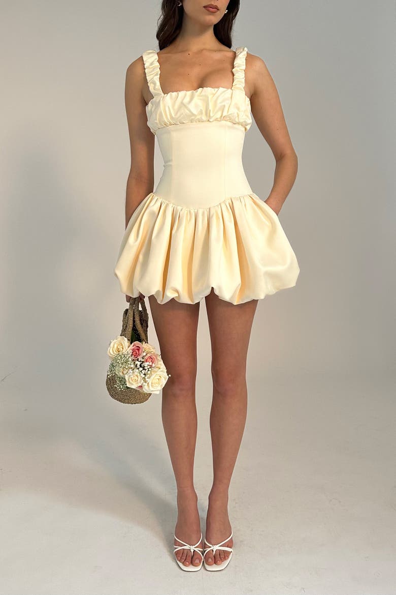 Aubrey Bubble Skirt Satin Mini Dress, Alternate, color, Egg White
