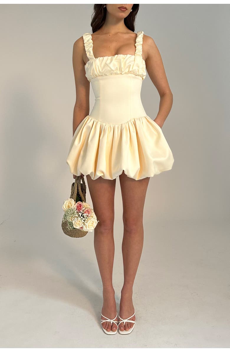 Miss Circle Aubrey Bubble Skirt Satin Mini Dress, Alternate, color, Egg White