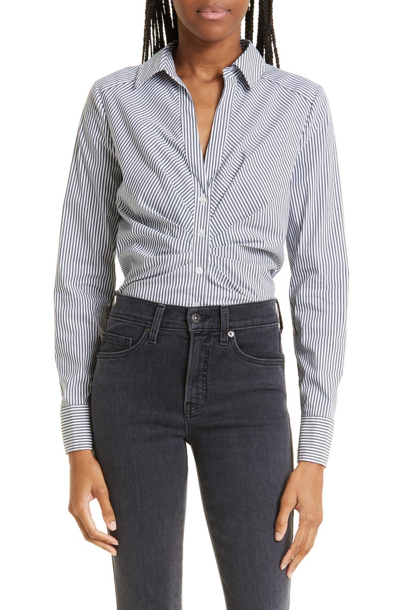 Veronica Beard Unity Stripe Stretch Cotton Blend Button-Up Shirt, Main, color, 