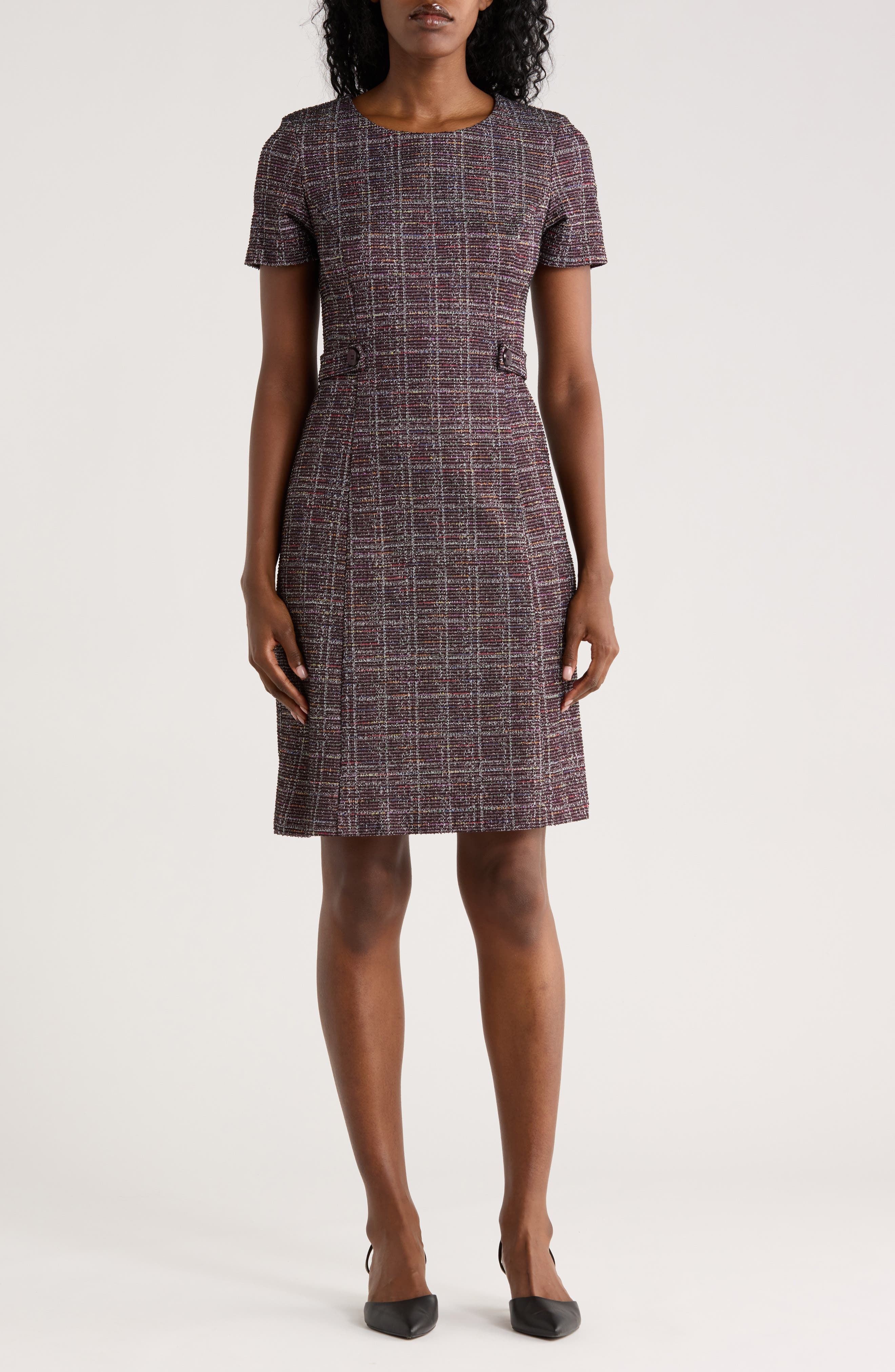 Connected Apparel Plaid Short Sleeve Bouclé A-Line Dress