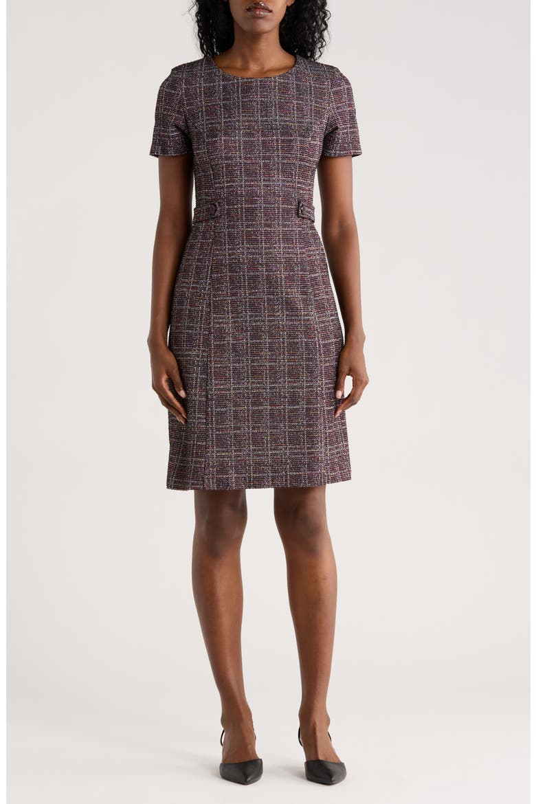 Plaid Short Sleeve Bouclé A-Line Dress, Main, color, AUBERGINE