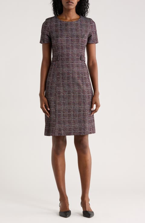 Plaid Short Sleeve Bouclé A-Line Dress