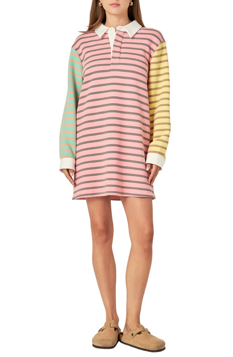 English Factory Colorblock Stripe Long Sleeve Polo Dress, Main, color,