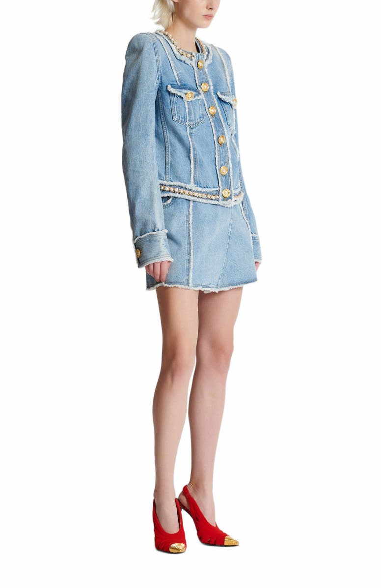 Balmain Denim Jacket With Pearl Trim, Alternate, color, Blue