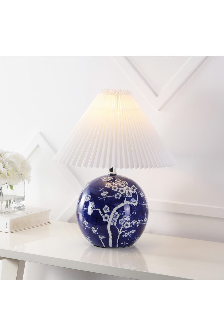 Shishen Cottage Classic Chinoiserie Ceramic Orb LED Table Lamp with Pleated Shade, Main, color, Navy/White