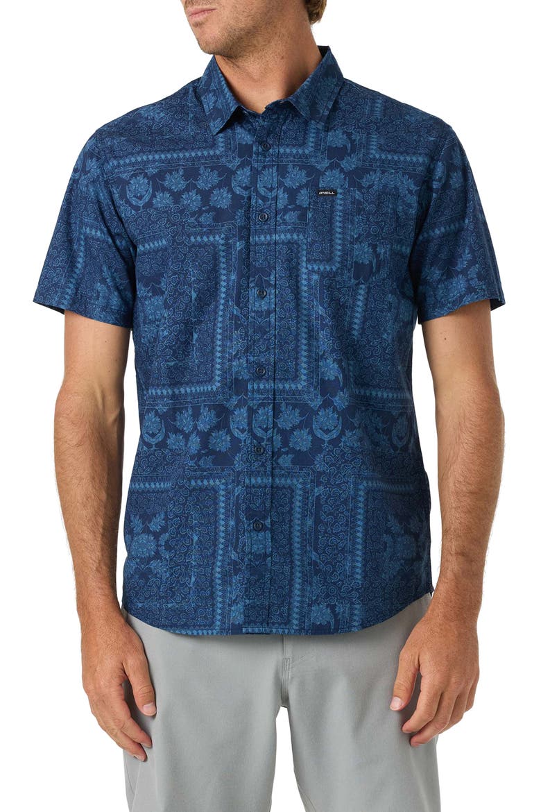 Terrace Print Short Sleeve Button-Up Shirt, Main, color, NAVY