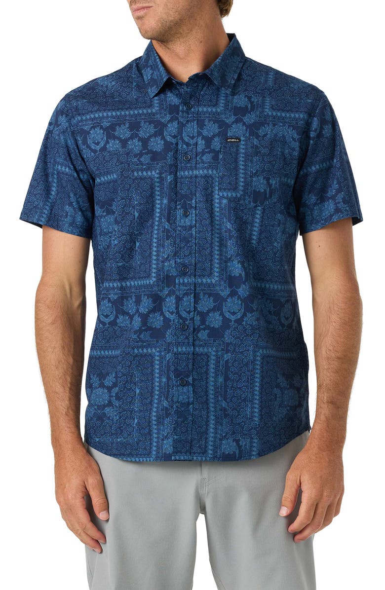 O'Neill Terrace Print Short Sleeve Button-Up Shirt, Main, color, Navy