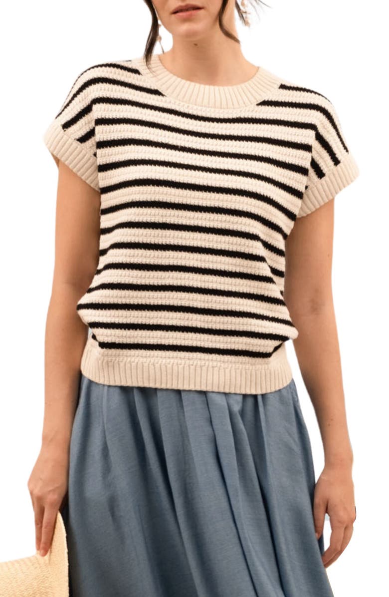 Blu Pepper Cotton Stripe Short Sleeve Sweater, Main, color, 