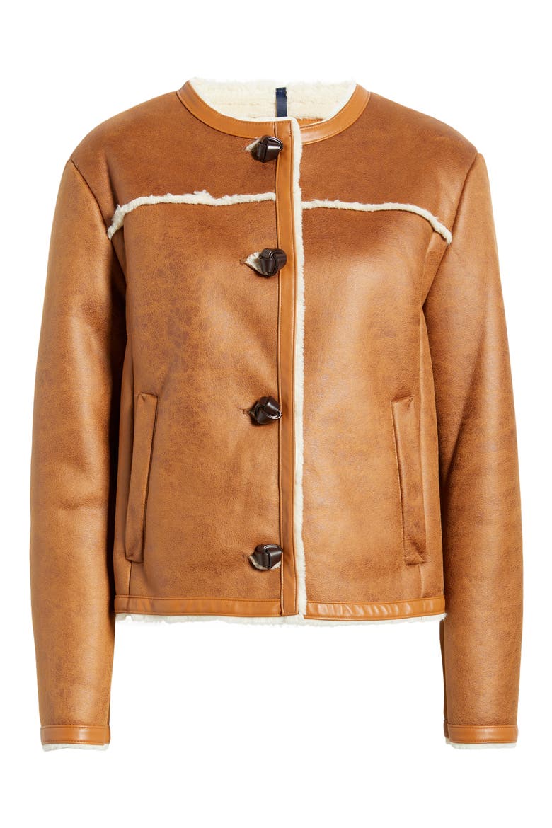 Water Resistant Waxed Faux Shearling Collarless Jacket, Alternate, color, HAZELNUT