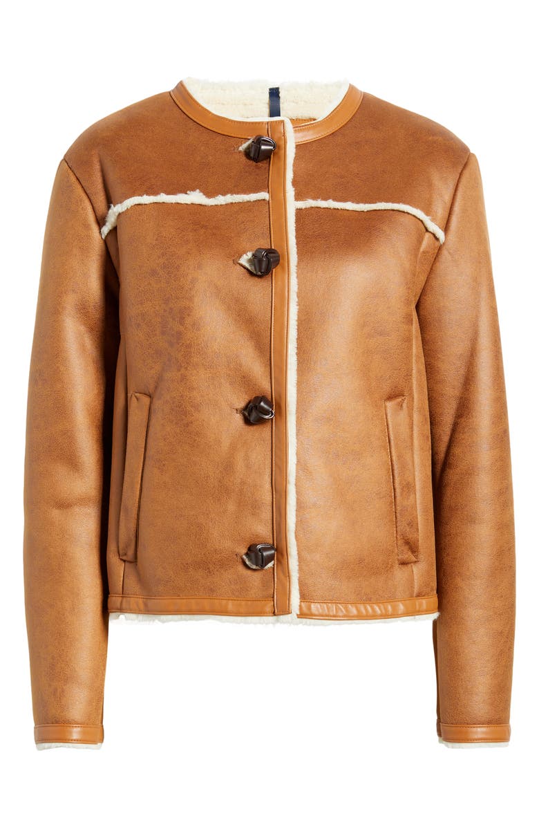 Cole Haan Water Resistant Waxed Faux Shearling Collarless Jacket, Alternate, color, Hazelnut