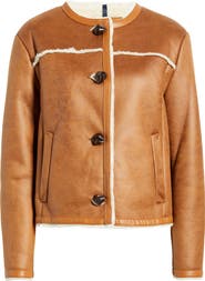 Cole Haan Water Resistant Waxed Faux Shearling Collarless Jacket