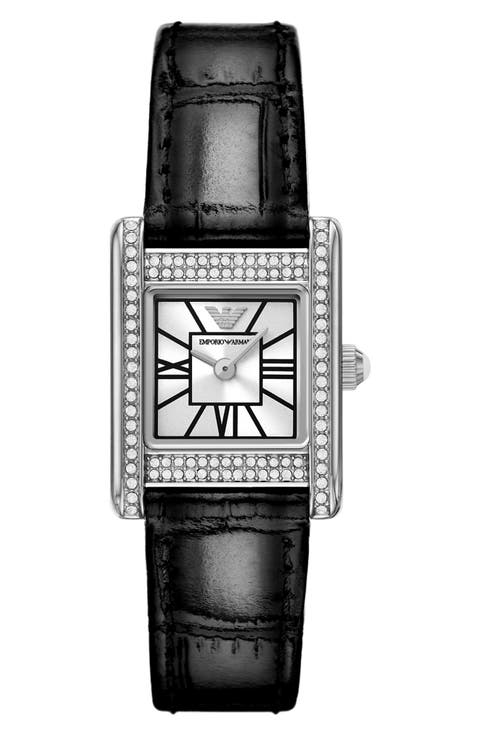 Crystal Bezel Tank Leather Strap Watch, 20mm x 26mm