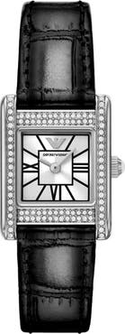 Emporio Armani Crystal Bezel Tank Leather Strap Watch, 20mm x 26mm