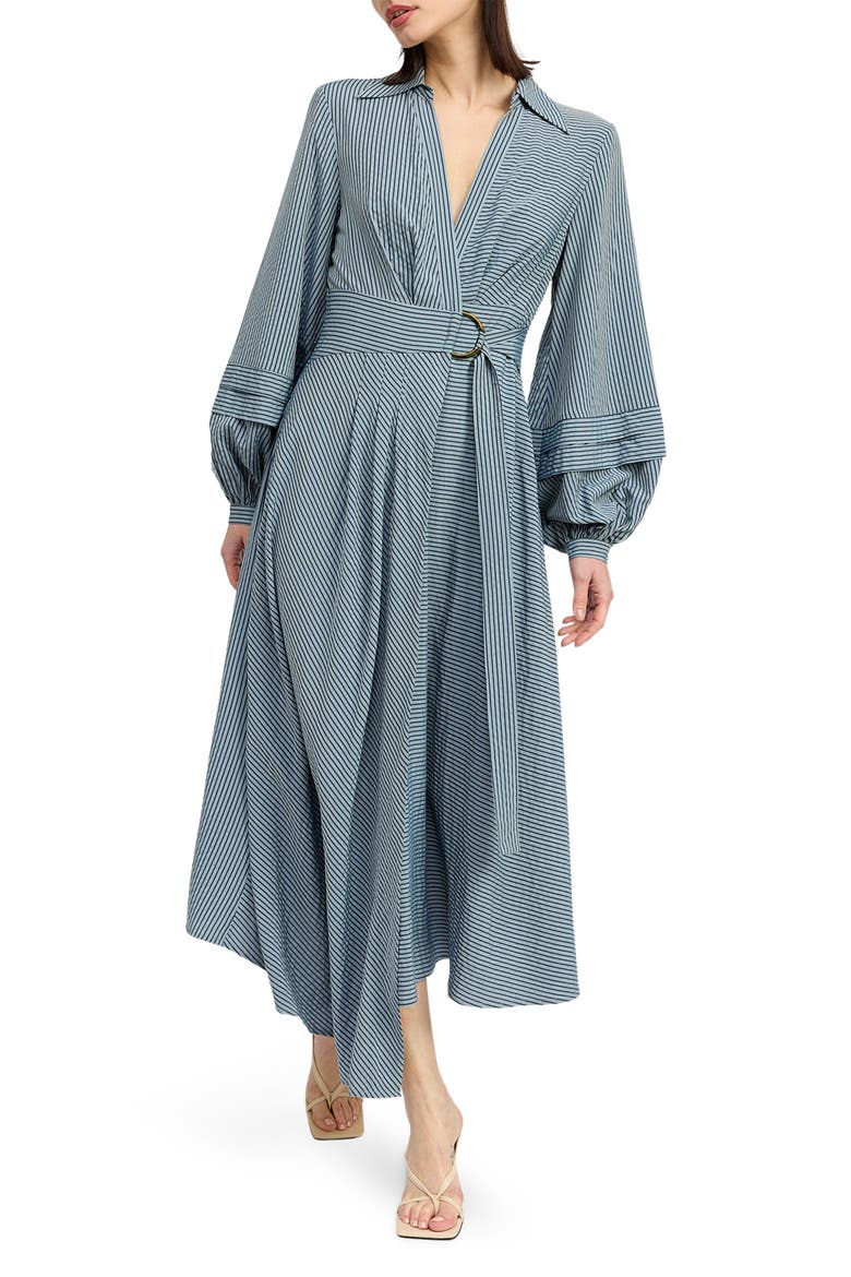 Berenger Stripe Long Sleeve Asymmetric Wrap Shirtdress, Main, color, NAVY TONAL