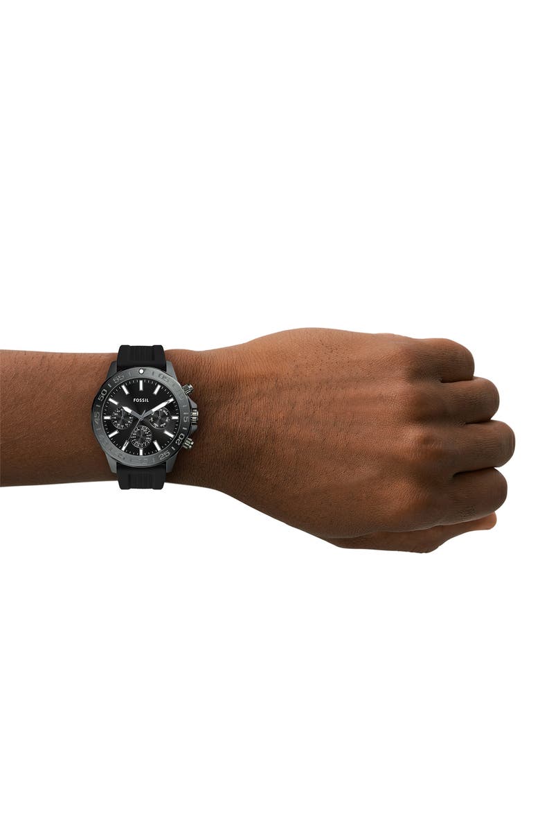 Fossil Bannon Multifunction Silicone Strap Watch, 45mm, Alternate, color, Gunmetal