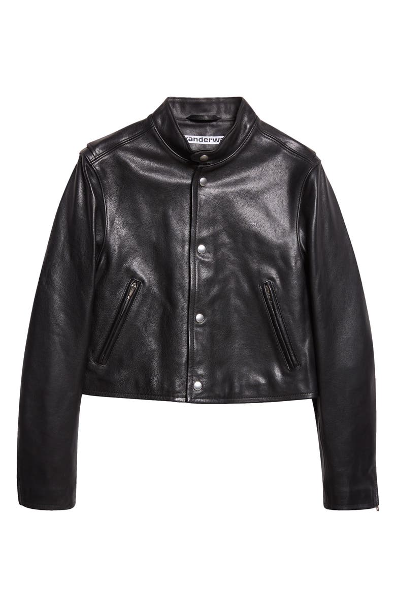 Alexander Wang Curved Sleeve Leather Crop Moto Jacket, Alternate, color, Black