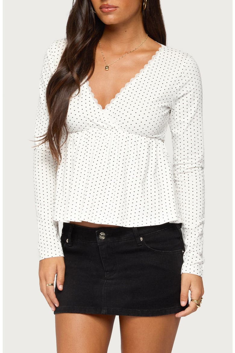Kenzie Polka Dot Long Sleeve Stretch Cotton Babydoll Top, Main, color, WHITE-AND-BLACK