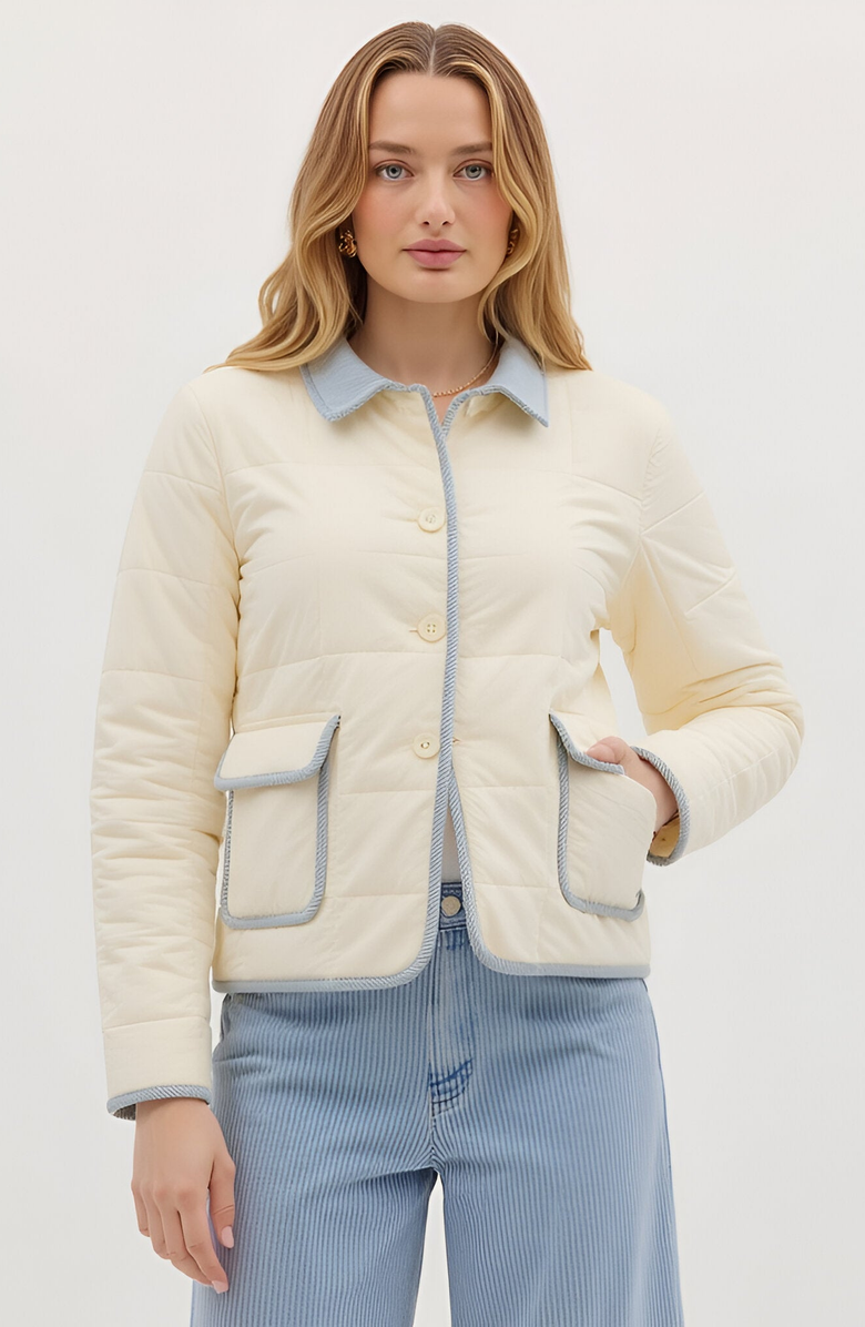 Modenaire Quilted Button Front Jacket with Contrast Trim and Patch Pockets, Main, color, 