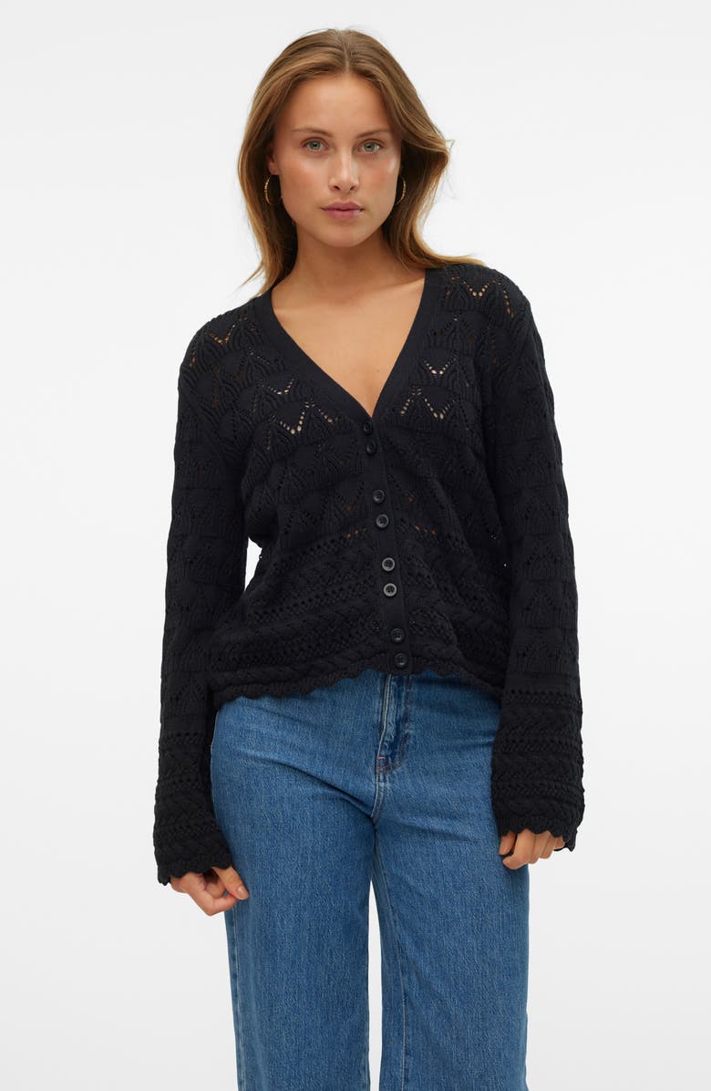 VERO MODA Pointelle Flare Sleeve Cardigan, Alternate, color, Black