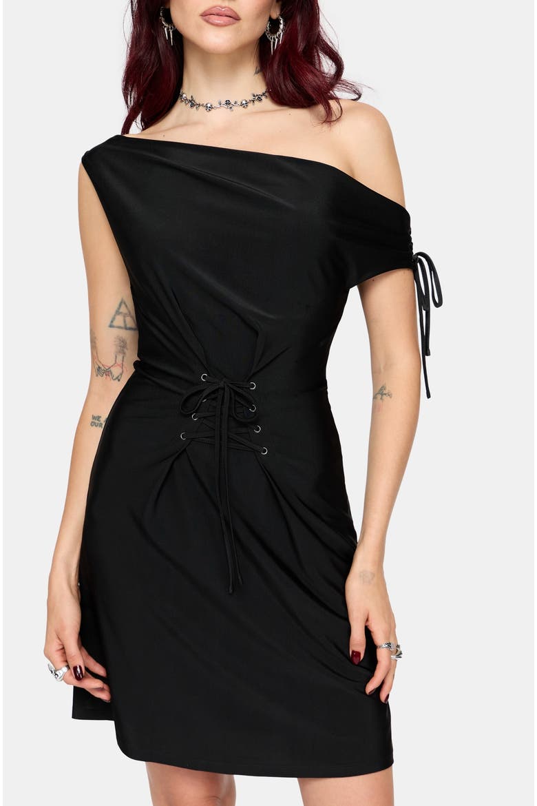 Noctavia Cowl Neck Lace Up Mini Dress, Alternate, color, Black