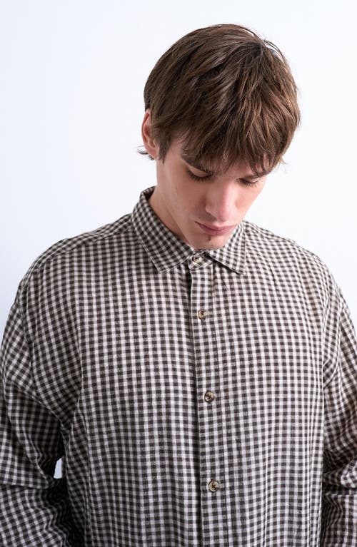 Topman Textured Gingham Check Long Sleeve Button-up Shirt In Brown