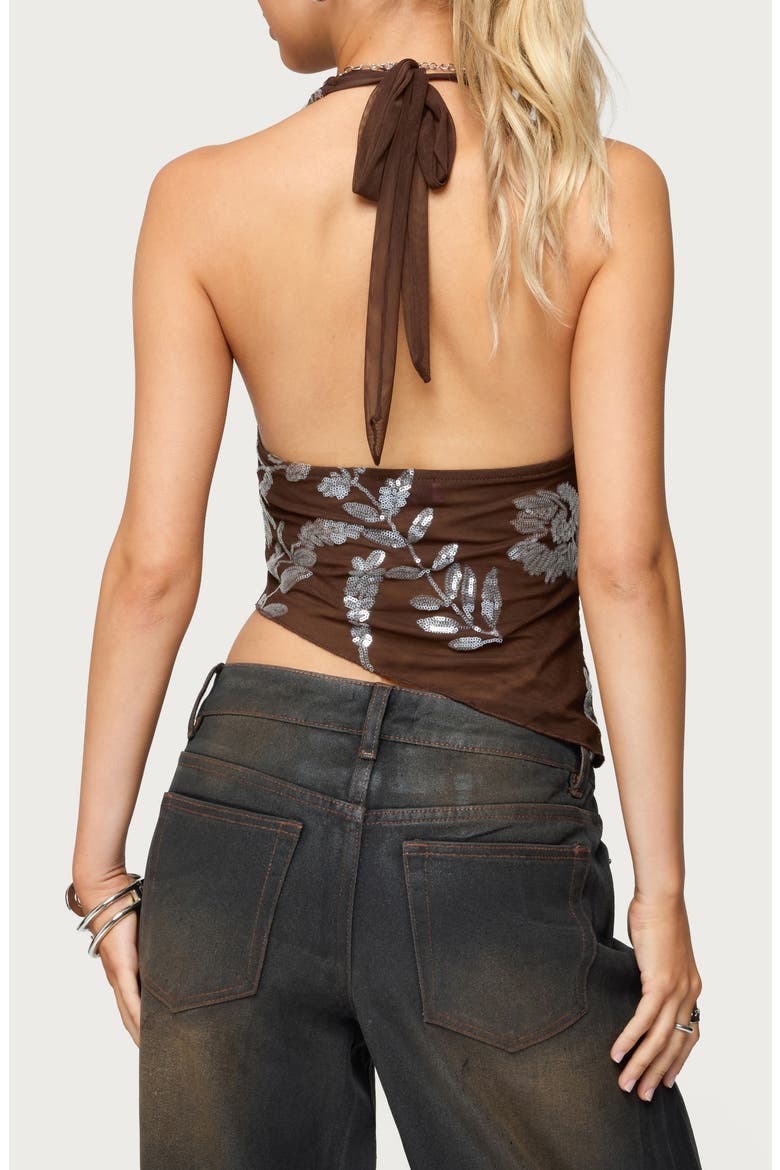 Sequin Floral Asymmetric Mesh Halter Top, Alternate, color, BROWN
